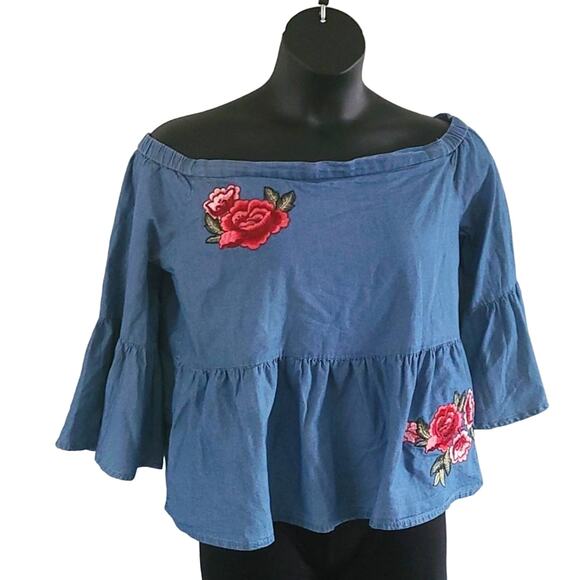 A.N.A Denim Off Shoulder Blouse with Floral Embroidery – Size Large – 3/4 sleeve - Picture 5 of 6